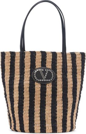 Valentino Garavani VLOGO Signature Crochet Raffia Tote in Natural/Black at Nordstrom