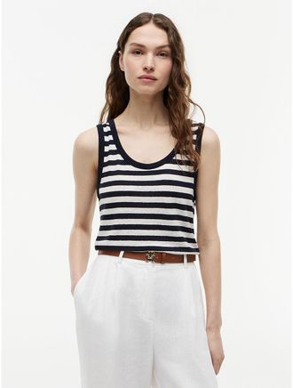 Tommy Hilfiger Womens Striped Linen-Blend Jersey Tank Top - Navy Blue / Ivory Stripe - XXL