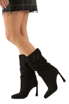 Misspap Faux Suede Ruched Square Toe High Flared Stiletto Calf Boots, 7, Natural Black