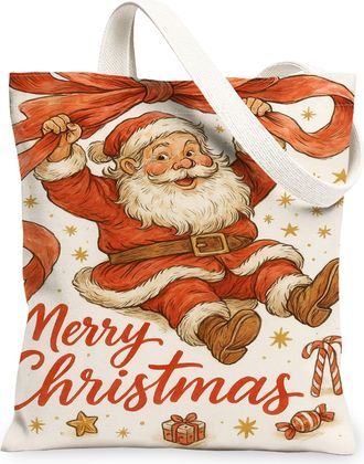 Generic Christmas Santa Canvas Tote Bags, Festive Design Reusable Grocery Bags, Vintage Lightweight Washable Shoulder Strap Canvas, Red, 13x15 Inch