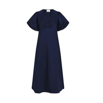 Neo Noir Elegante Poplin Jurk met Gedrapeerde Details - Dames - Maxi kleedjes - Blauw - S - Katoen - Kleedjes