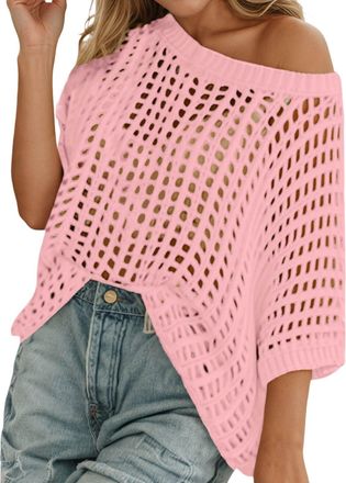 Generic Womens Crochet Tops Sexy Hollow Out Off Shoulder Short Sleeve Off The Shoulder Top Going Out Oversized Knitted Cover Up Sweater Lightweight Breathable