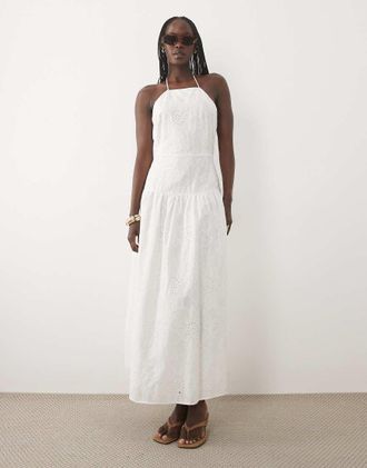 Mango Vestito lungo allacciato al collo in 100% cotone bianco ricamato