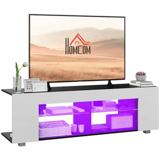 HOMCOM TV Stand 145cm TV Unit With Glass Shelves RGB LED Light For 60 Inch TV - White | TJ Hughes