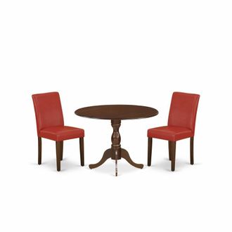 East West Furniture DMAB3-MAH-72 3 Piece Kitchen Table Set Includes 1 Drop Leaves Dining Room Table and 2 Firebrick Red PU Leather Upholstered Chair with High Back - Maho