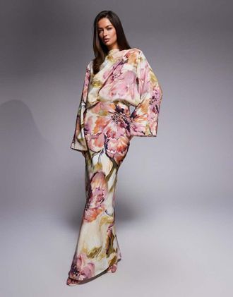 Asos Vestito lungo taglio sbieco a maniche lunghe raccolto in vita a fiori-Multicolore