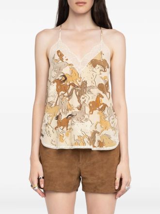 Zadig&Voltaire Christy horse-print lace-trimmed top - women - Fabric - M - Neutrals