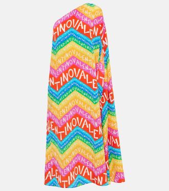 Valentino Logo one-shoulder silk midi dress
