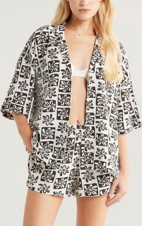 Billabong Beach Side Print Oversize Camp Shirt in Black Sand at Nordstrom, Size X-Small