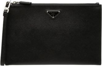 Prada Pre-owned Saffiano Leren Clutch - Dames - Pre-owned - Zwart - Maat: ONE Size Zijde