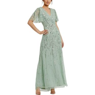 Mac Duggal Womens Embellished Flutter Sleeve Evening Gown in Sage at Nordstrom, Size 16