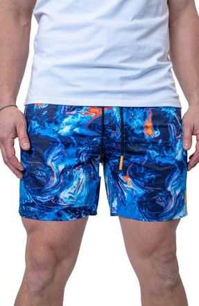 Maceoo Swim Lion Marble Swim Trunks in Blue at Nordstrom, Size X-Large