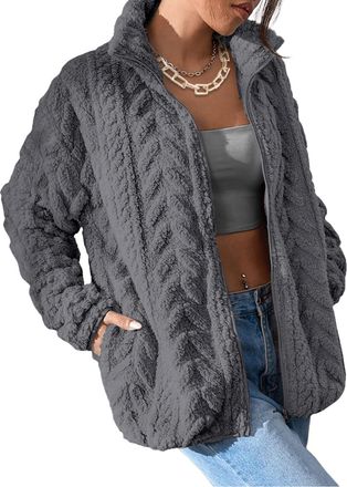 Dokotoo Winter Fleece Jackets for Women Fashion Warm Fuzzy Womens Coats with Pockets Classic Zipper Stand Collar Casual Ladies Outwear Solid Color Womens Jack