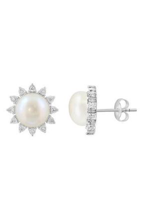 Effy Sterling Silver Pearl Diamond Halo Stud Earrings in White at Nordstrom Rack