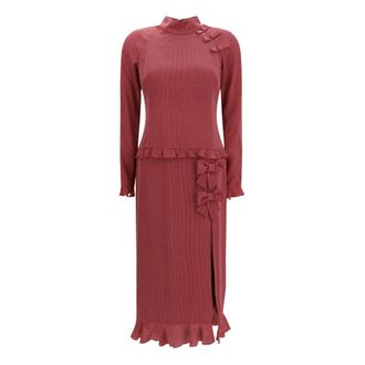 Alessandra Rich Polka-dot Zijden Jurk met Hoge Hals en Midi Lengte - Dames - Jurken - Rood - Maat: S Zijde