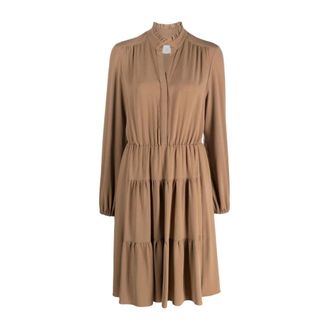 Eleventy Double flouce jurk - Dames - Casual kleedjes - Bruin - M - Polyester - Kleedjes