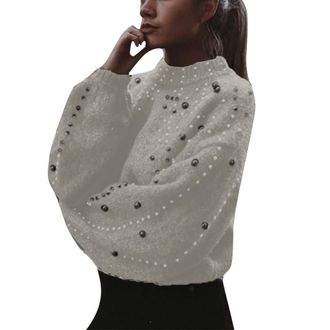 Generic Ladies Women Pearl Diamante Stud Embellished Batwing Long Sleeve Ribbed Knit Jumper Sweater One Size