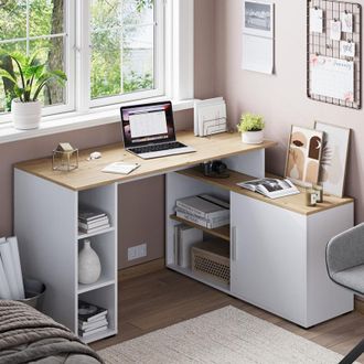 Vicco Escritorio De Esquina Rudy, Blanco/artesano, 135 X 110 Cm Con Estantes, Vicco