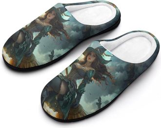 Generic Witch Flying with A Broomstick Womens Slippers Warm House Slippers Indoor House Shoes with Anti-Skid Rubber Sole