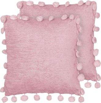 Beliani Beliani - Set of 2 Scatter Cushions Polyester Fabric Throw Pillows 45 x 45 cm Handmade with Pompoms Pink Jasmine