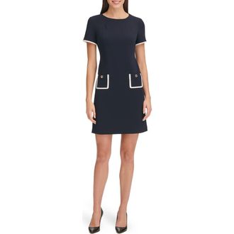 Tommy Hilfiger Short Sleeve Scuba Crepe Contrast Trim Dress in Sky Captain/Ivory at Nordstrom Rack, Size 6