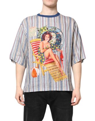 Dolce & Gabbana Multicolor Striped Pin Up Linen Round Neck Mens T-shirt