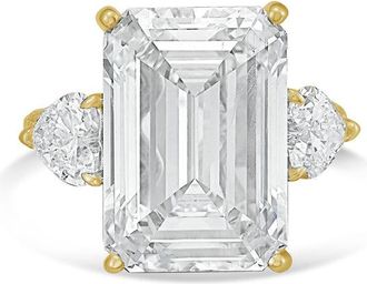 Diana M. Jewels 18kt Yellow gold Lab grown 20ct Emerald diamond ring with heart diamonds on the side and micropave band