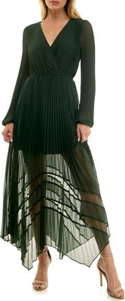 Socialite Long Sleeve Lace Inset Pleated Chiffon Dress in Deep Hunter at Nordstrom, Size X-Small