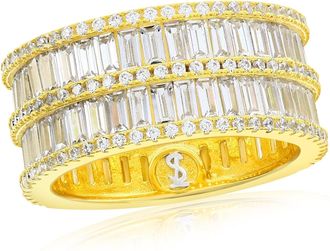 Suzy Levian Yellow Sterling Silver Cubic Zirconia Double Row White Baguette and Round Cut Wide Eternity Band