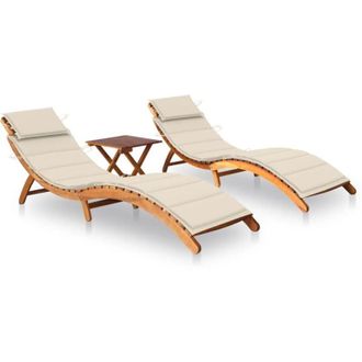vidaXL Tumbonas 2 Unidades Con Mesa Y Cojines Madera Maciza De Acacia Vidaxl