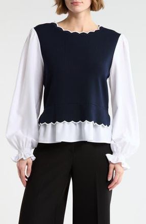 Nanette Lepore Scallop Trim Twofer Sweater in Nanette Navy/White at Nordstrom Rack, Size X-Large