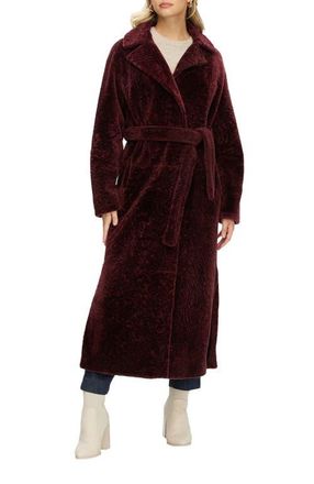 Gorski Reversible Textured Genuine Shearling Coat with Side Slits, Belt in Burgundy/black at Nordstrom, Size X-Small