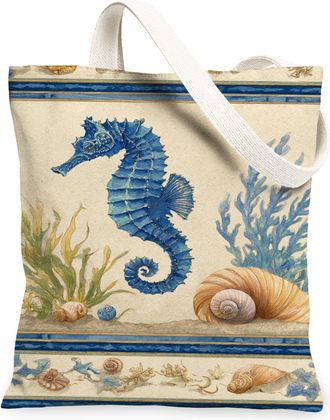 Generic Coastal Seahorses Canvas Tote Bags, Vintage Ocean Design Reusable Grocery Bags, Summer Lightweight Washable Shoulder Strap, Blue, 13x15 Inch