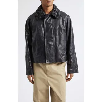 Bottega Veneta Intrecciato Collar Crackled Leather Jacket in 1010 Double Black at Nordstrom, Size 52