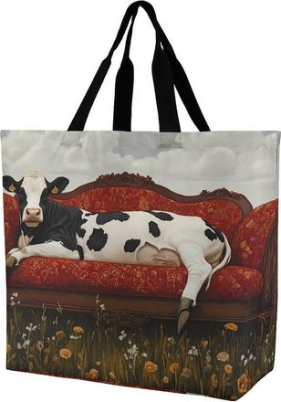 Generic Cow Lies on Couch Reusable Shopping Bags One Shoulder Grocery Tote Bag Waterproof Big Purse for Work Travel