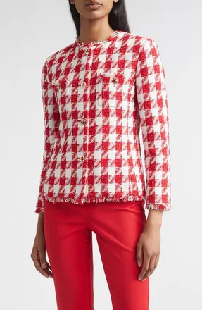 St. John Lora Textured Gingham Tweed Jacket in Scarlet/bright White at Nordstrom, Size 14