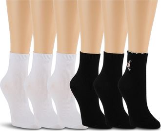 Shelli Segal 6-Pack Embroidered Scalloped Edge Anklet Socks in Black/White at Nordstrom Rack, Size 9/11