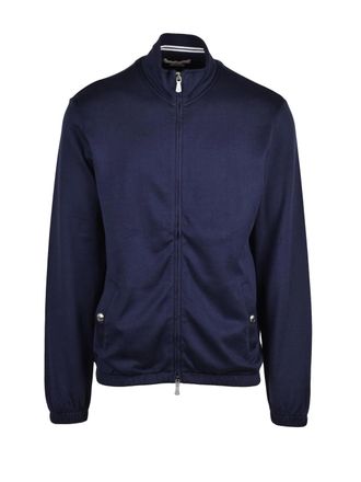 Eleventy Blue Structured Zip Cotton-Blend Sweatshirt