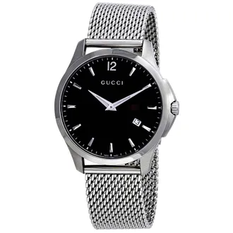 Gucci G Timeless Black Dial Stainless Steel Mesh Mens Watch YA126308