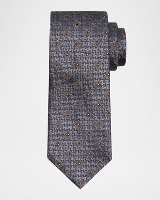 Brunello Cucinelli Mens Geometric Tile Jacquard Silk and Cotton Tie