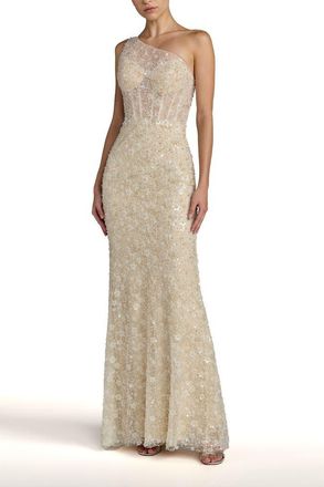 Mac Duggal Sequin Floral Sheer One Shoulder A Line Gown in Oyster Nude at Nordstrom, Size 12