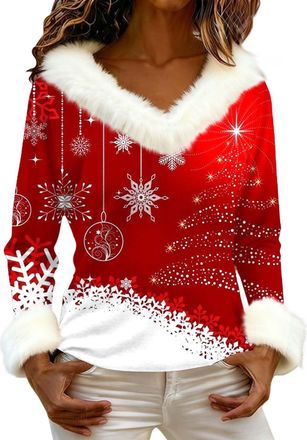 Generic Christmas Sweatshirts for Women Faux Fur Trim Plush V Neck Funny Xmas Tops Novelty Santa Claus Wine Glass Graphic Pullover Shirt (Z05-Xmas 04, L)