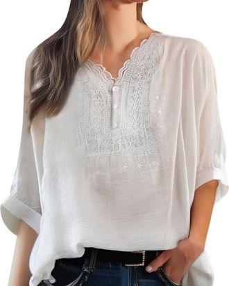 Generic Linen Blouses for Women Ladies 3/4 Sleeve Dressy Vintage Tops Casual Loose V Neck Button Down Summer Shirts(White, L) Chemise rayée Femme