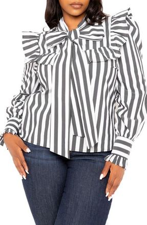Buxom Couture Stripe Ruffle Bow Neck Shirt in Black at Nordstrom, Size 3 X
