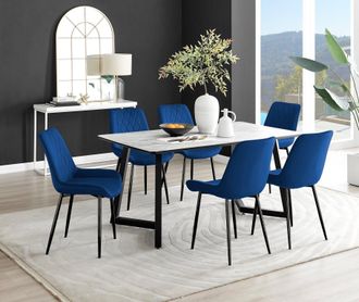 Furniturebox Carson White Marble Effect Dining Table & 6 Pesaro Black Leg Chairs in Navy