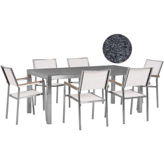 Beliani Set da Giardino Tavolo Piano Granito Grigio 6 Sedie Bianche 180 x 90 cm Grosseto