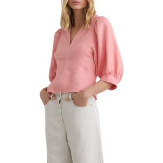 Reiss Evie Puff Sleeve Linen Top in Coral Pink at Nordstrom, Size 14 Us