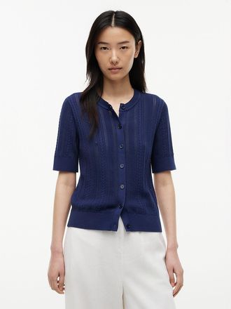 Tommy Hilfiger Womens Short-Sleeve Mixed-Knit Cardigan - Navy - XXL