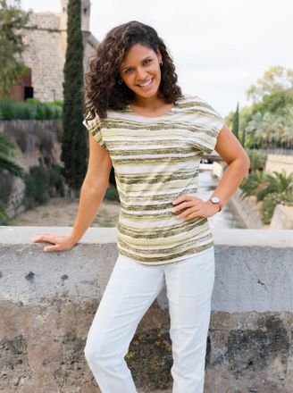 Casual Looks Print-Shirt CASUAL LOOKS Print-Shirt, Damen, Gr. 36, ecru, lindgr&uuml;n, bedruckt, 50% Baumwolle, 50% Modal, gemustert, gestreift, Rundhals, Shirts Print-