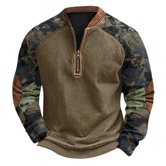 Generic Mens 1/4 Zip Sports Top, Loose 3D Camouflage Print Sweatshirts Camouflage Sleeve Sport Streetwear Casual Trendy Hoodie Cotton Fleece Hoodless Tops Wit